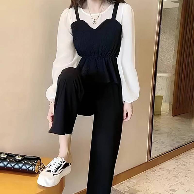 春季新款女装韩版设计感假两件长袖衬衫裤子长裤时尚套装女两件套