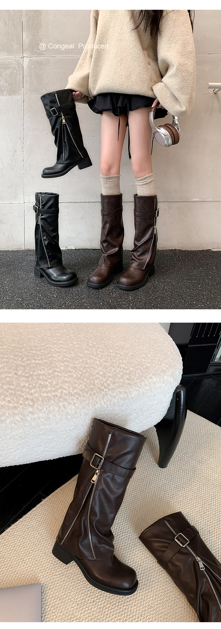 Boot nữ cổ cao ôm bắp chân da thật mũi tròn gót vuông Chunky khóa thắt lưng — màu đen, nâu đậm chi tiết 13