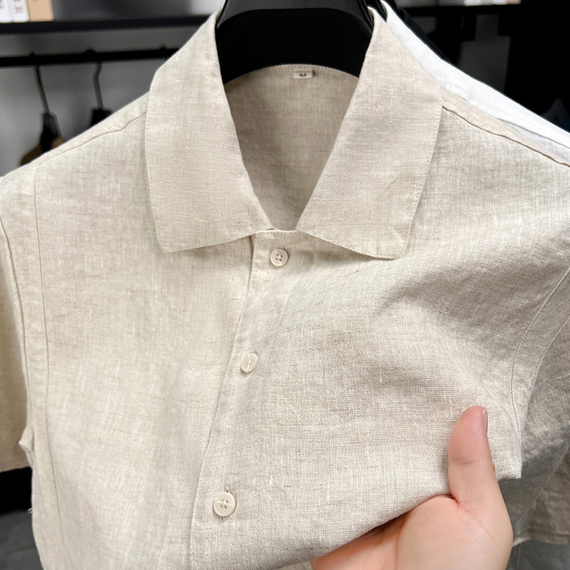 100% Linen Short-Sleeved T-Shirt Men's Shirt Pure Color Lapel Summer New Chinese Style Young and Middle-Aged Shirt Thin Style