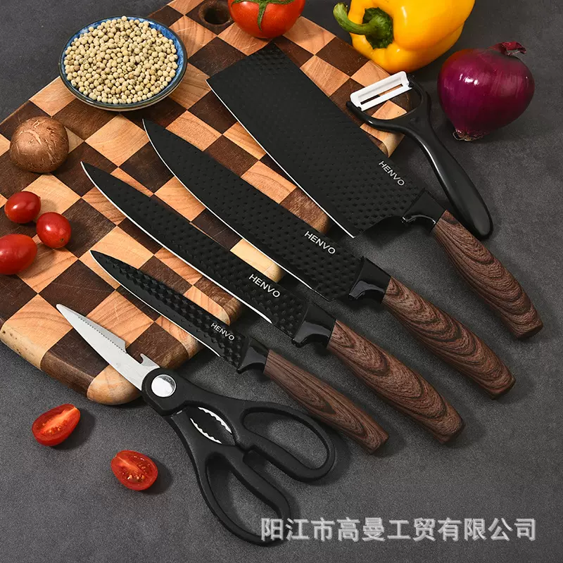 工厂外贸跨境电商定制款现货批发不锈钢多款菜刀厨刀套装手工盒