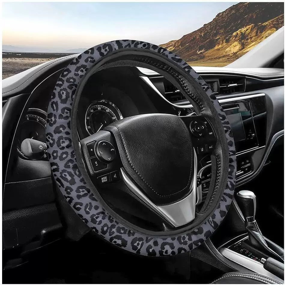 亚马逊temu、jit外贸出口亚马逊汽车黑豹纹印花方向盘套涤纶潜水