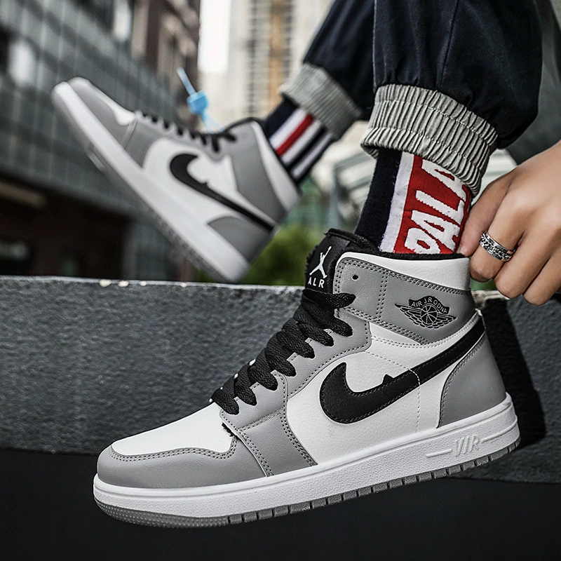 2024 autumn and winter men's shoes aj high-top leather panel shoes gray fleece-lined warm casual student black and white panda AJ single shoes