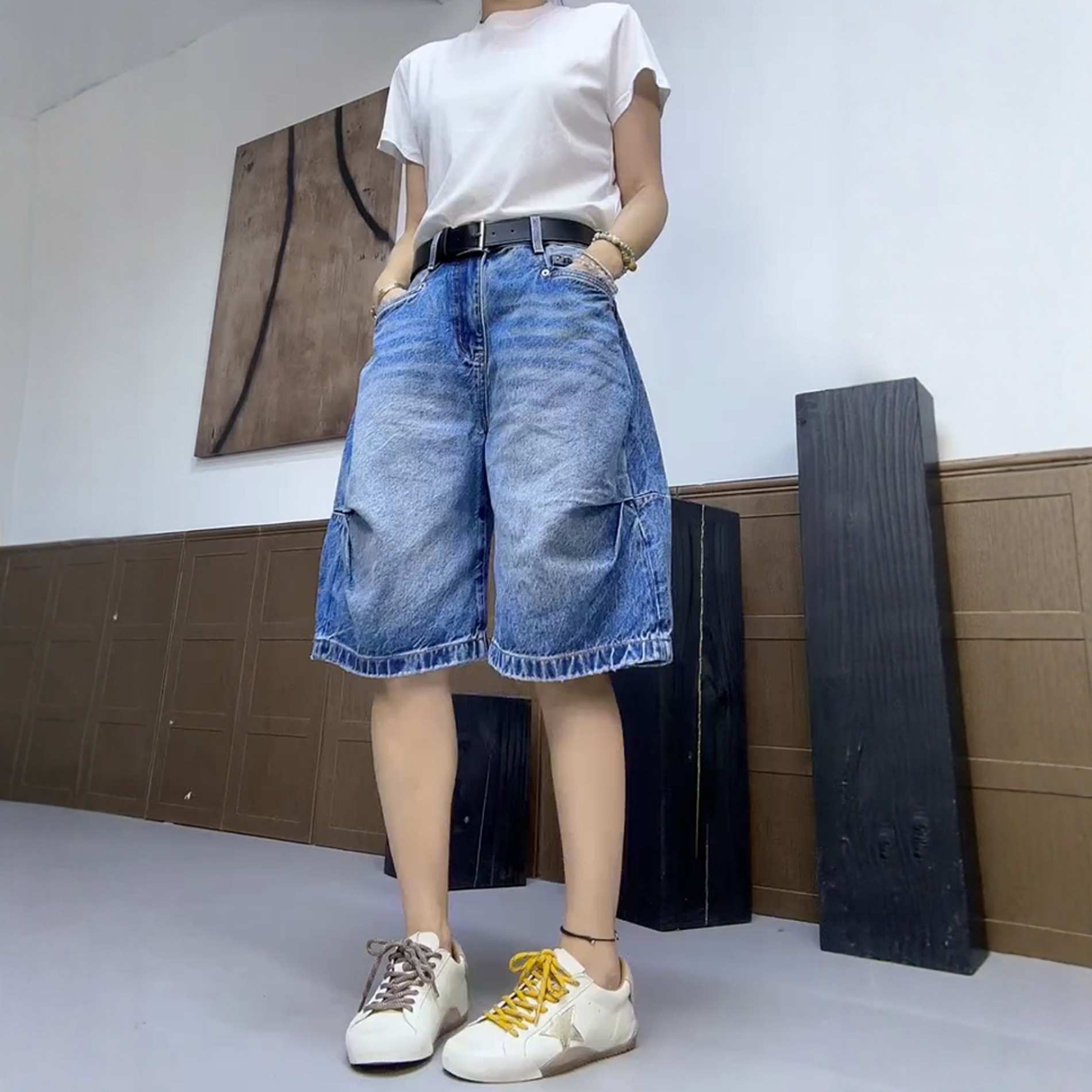 大码牛仔短裤女夏季薄款2025新款高腰六分中裤胖mm显瘦宽松阔腿裤