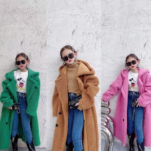 Girls' lamb wool coat Korean-style hooded long fur-like fur coat winter new medium and large children's coat