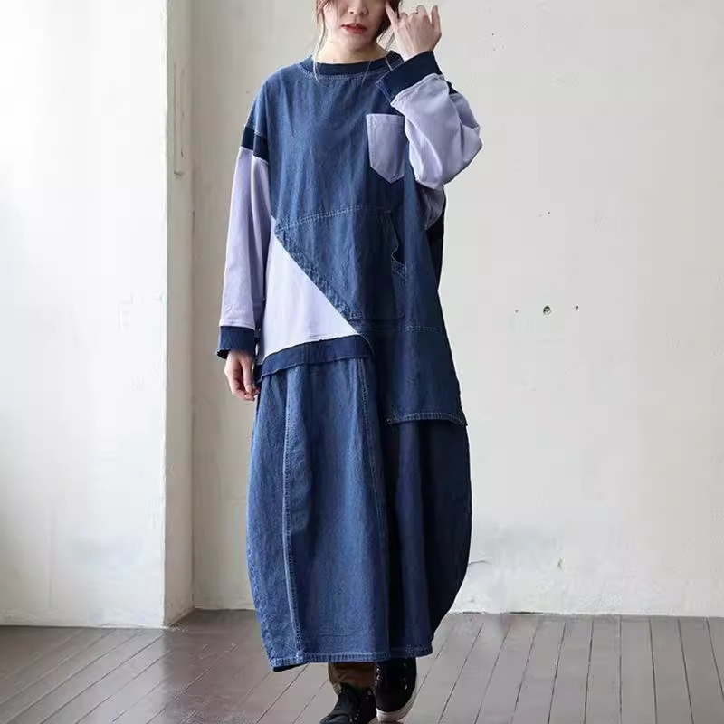 True original single foreign trade! Unique design Japanese expensive loose color stitching long sleeve sweater dress True original single foreign trade! Unique design Japanese expensive loose color stitching long sleeve sweater dress
