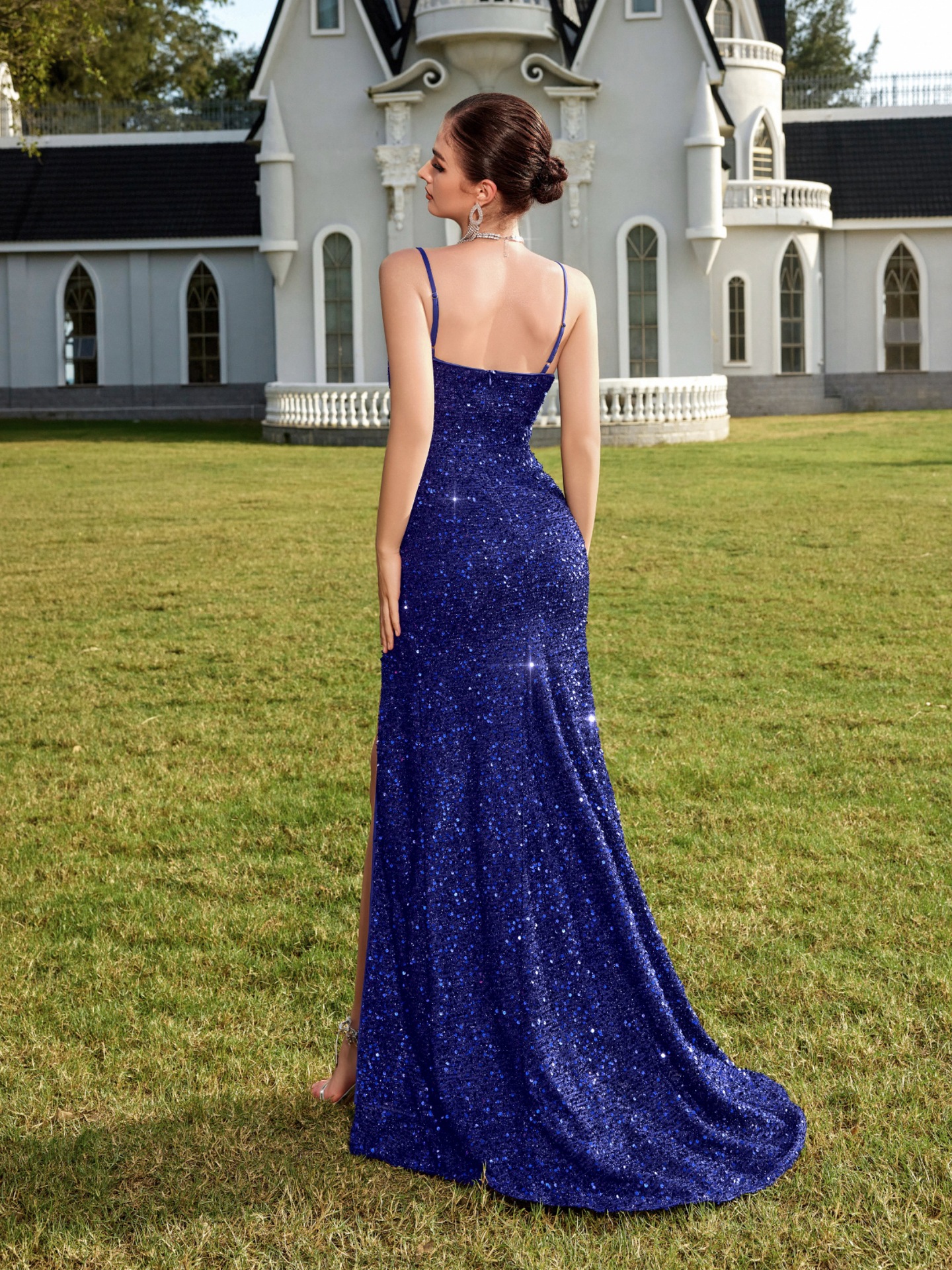 Comercio exterior transfronterizo moda sexy industria pesada brillante vestido de fiesta de banquete de honda de verano femenino estilo francés de alta gama