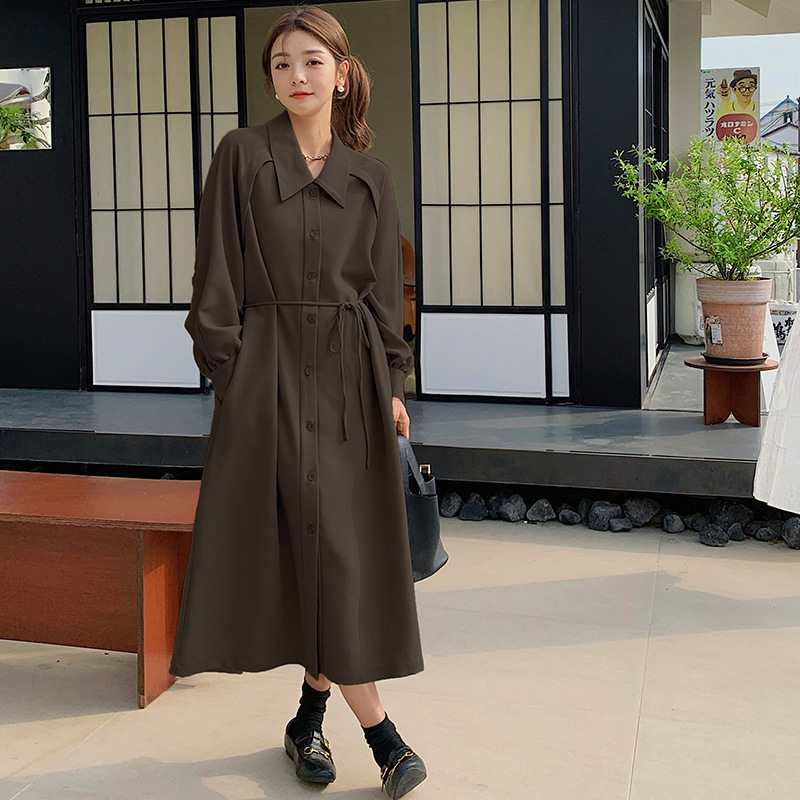 Real Shot Spring and Autumn New Fashionable Elegant Workwear dress Women's Lace-Up Waist Long Ankle Polo Collar Shirt Dress