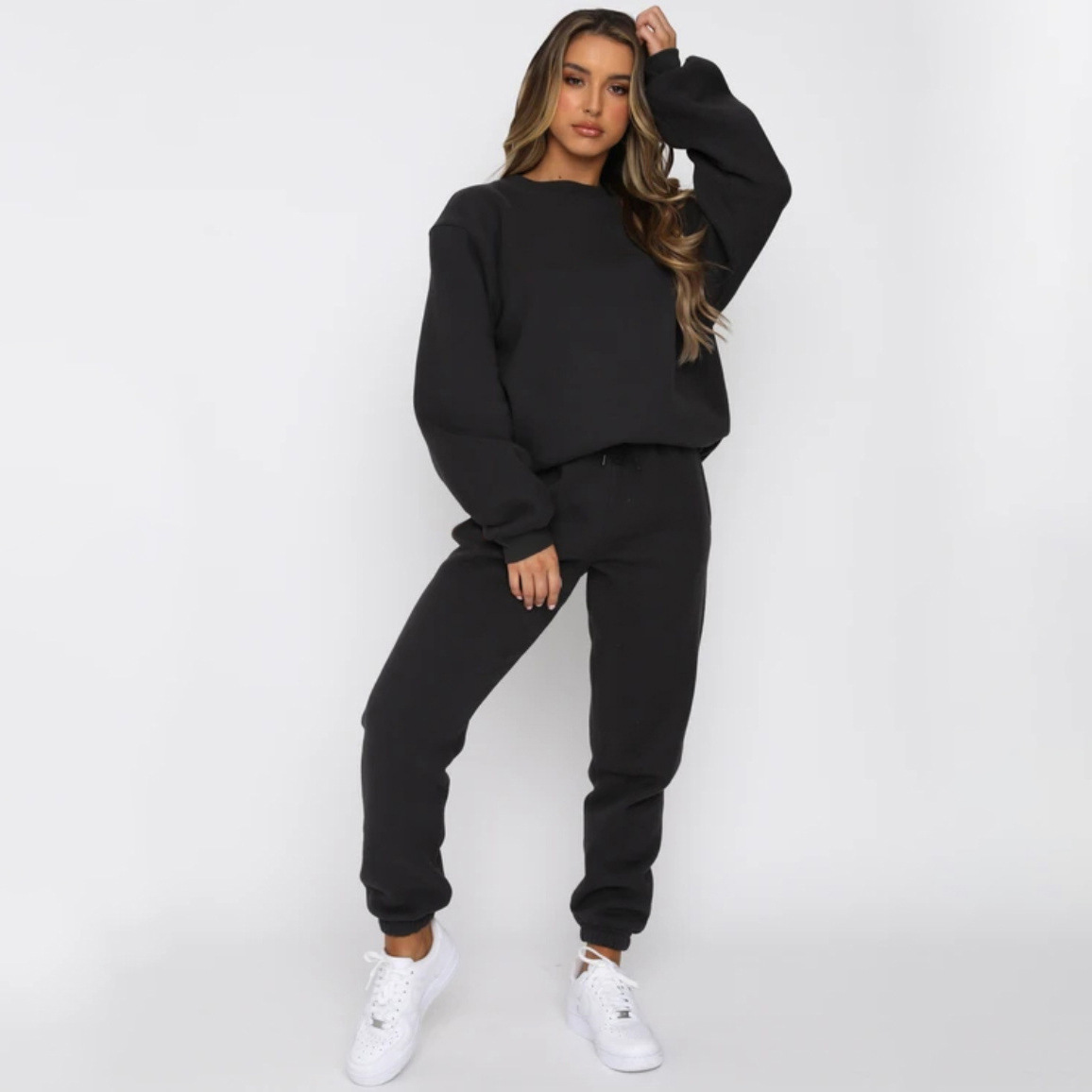 840g Weight Long Sleeve Sleeve Length Polyester Fabric Type Sweatshirt & Hoodie Co-ord Set Sets Type 2 Pieces Set Quantity Casual Occasion Round Neck Neckline Loose Fit Type Solid Color Pattern Winter, Autumn Season Women's Gender Streetwear Style Casual Women's Streetwear Solid Color Polyester Sweatshirt & Hoodie Co-ord Set Pants Sets 13