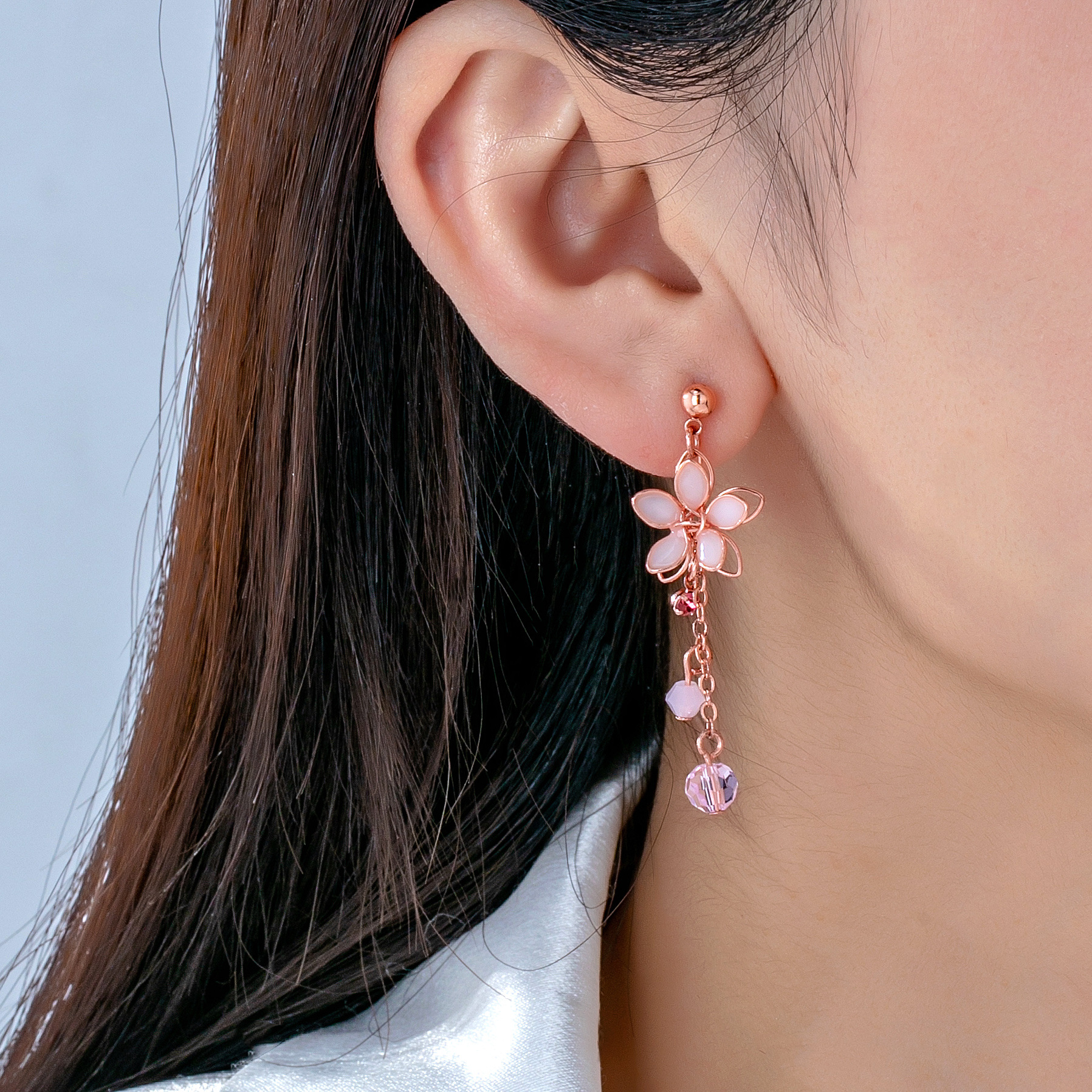 새로운 중국 스타일 빈티지 오일 드롭 술 크리스탈 핑크 5 꽃잎 꽃 귀 클립 모기 향 플레이트 클립 여성의 봄과 여름 휴일 귀 클립