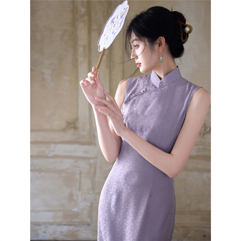Purple Sleeveless Improved Young Girl Cheongsam 2025 New Chinese Style Beautiful Retro Republic of China Style Dress with Waist