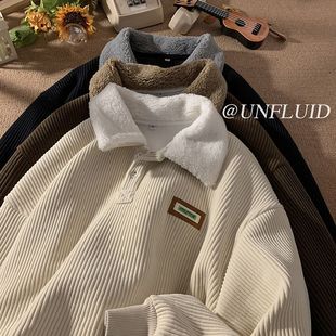 Corduroy Polo Collar Sweatshirt Men's Autumn and Winter fleece-lined Thickened Lamb Wool Jacket Men's Winter Hong Kong Style Youth
