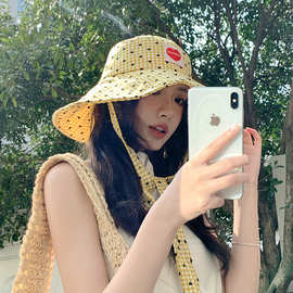 甜美爱心贴布格纹渔夫帽子女春夏季大檐防紫外线可折叠遮阳防晒帽
