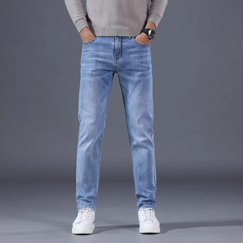De alta gama de algodón puro 2025 nuevos jeans para hombres primavera y otoño nuevos pantalones largos elásticos azules retro sueltos rectos para hombres