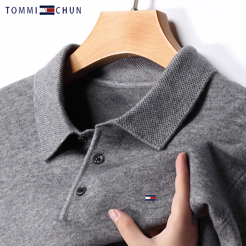 Outlet Discount Tommy Solid Color Wool Sweater Men's Thickened Warm Polo Shirt Turn-Down Collar Cashmere Sweater Knit Sweater Men