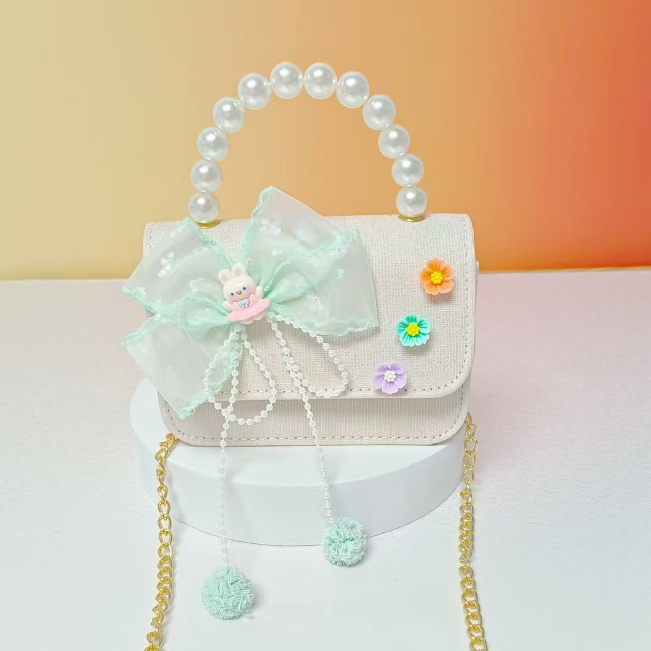 Bolso de perla de arco princesa hombro de hombro bolso de cambio accesorios para niñas pequeñas bolsas de cadena de viento para niños