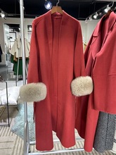 高端新年红双面羊绒大衣浴袍款羊毛呢外套女进口狐狸毛袖口可脱卸