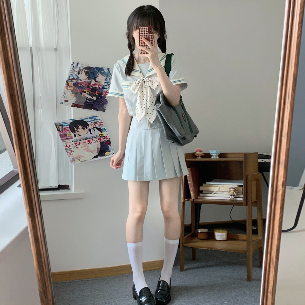 Summer Academy Style Sailor Suit Waist-Cinching Jk Uniform School Supply Pleated Skirt Set for Women