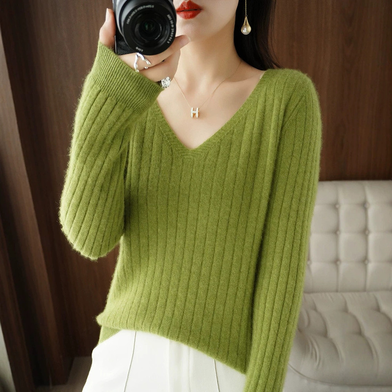 Cross-border wholesale of new V-neck ribbed women's pullover sweaters, slim-fit vertical stripe base shirts, versatile and flattering