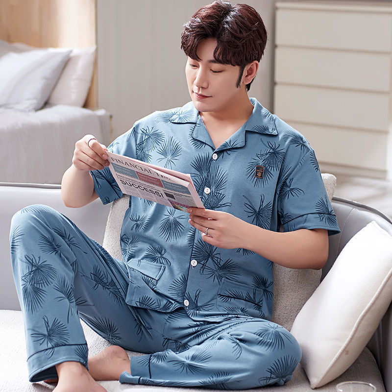 Pijamas de hombre ropa de verano 100% algodón pantalones de manga corta chaqueta juvenil traje de homewear delgado de mediana edad