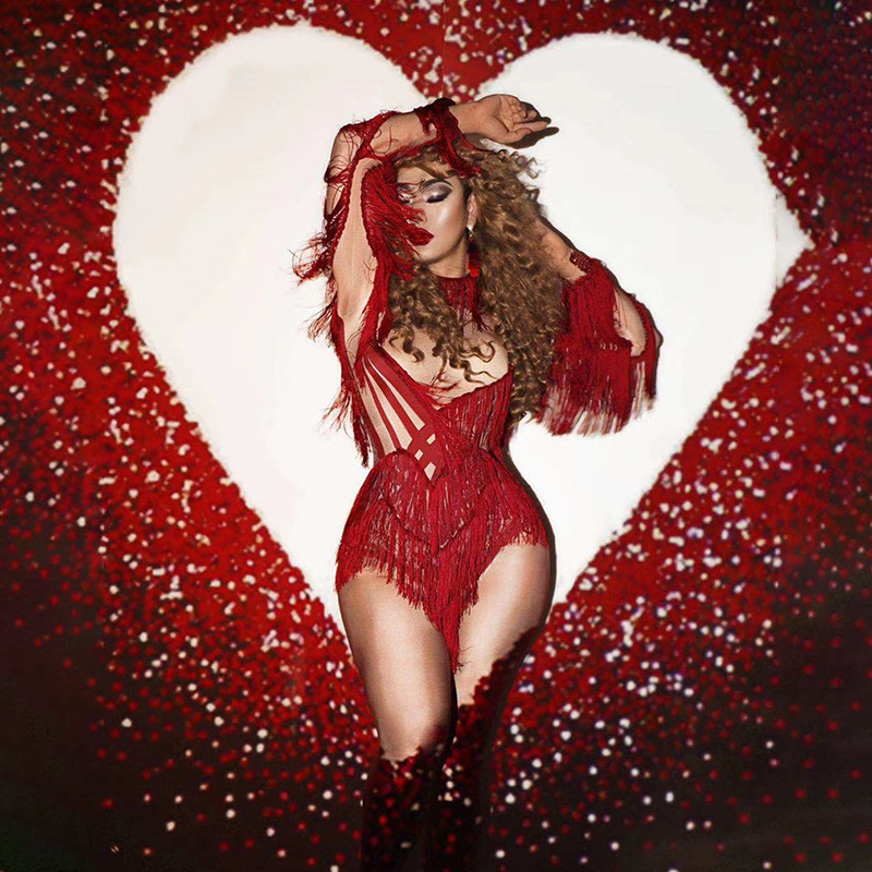 Female song DjDs guest long sleeve red elastic hip tassel rhinestone jumpsuit stage performance costume female