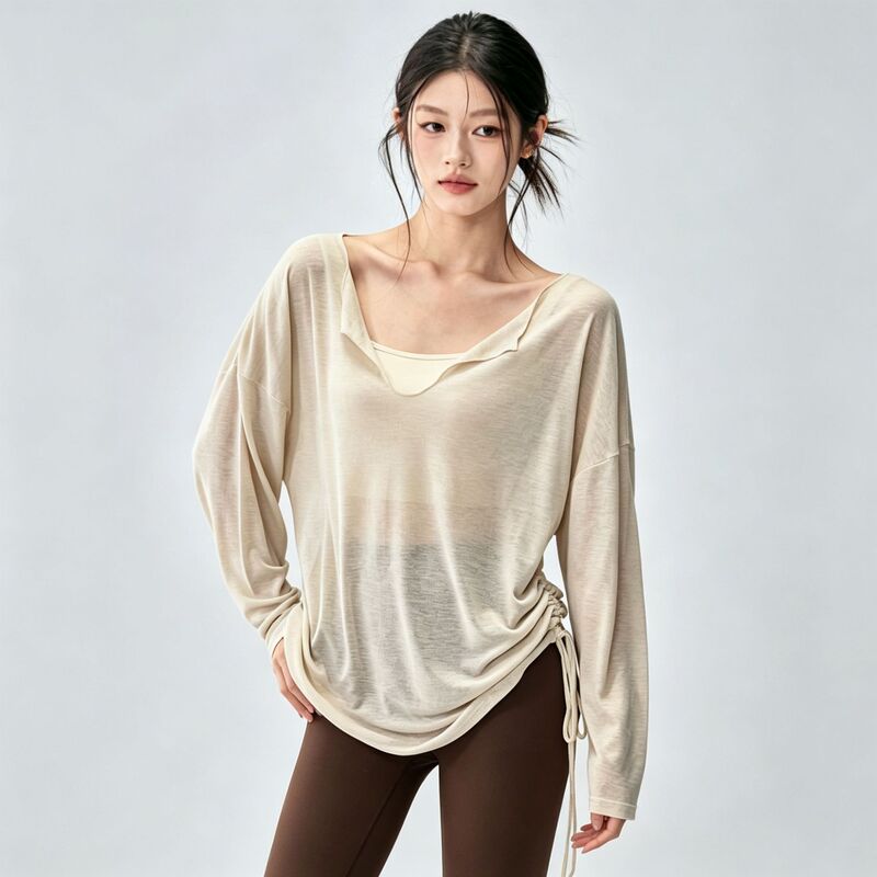 Fitness girl loose yoga top, casual and slimming, athletic cover-up, V-neck, breathable, long-sleeved for Pilates training Fitness girl loose yoga top, casual and slimming, athletic cover-up, V-neck, breathable, long-sleeved for Pilates training