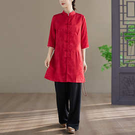 中式提花棉涤红色中长上衣唐装女上衣太极服养生美容师酒店工作服