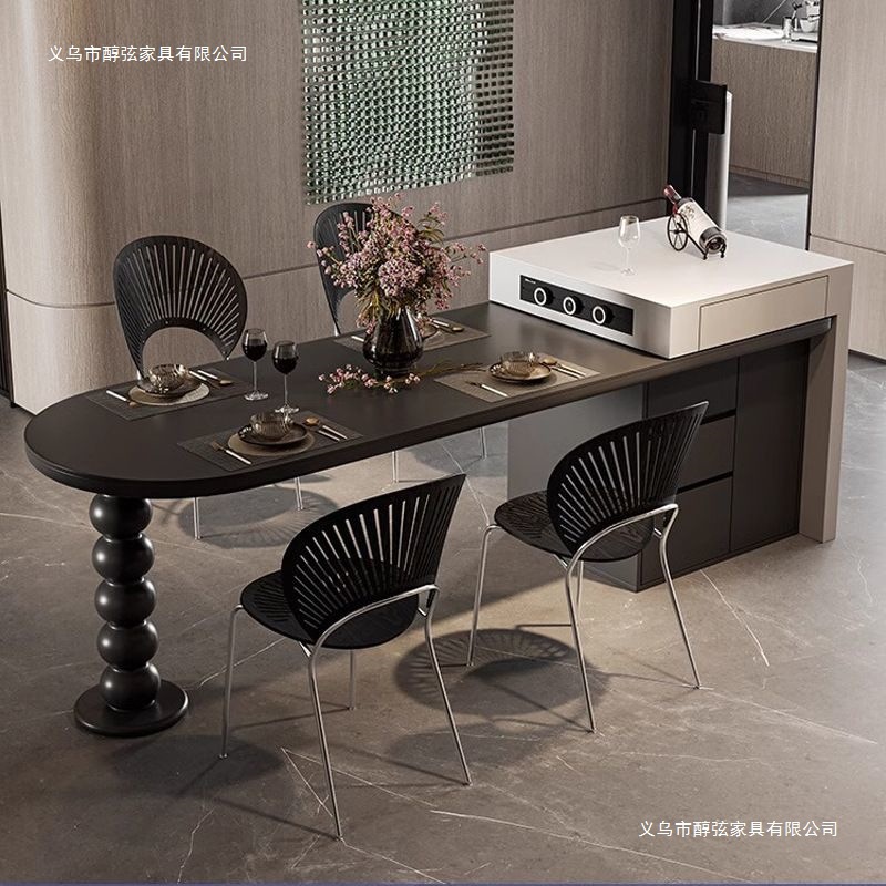 Slate Retractable Island Dining Table Integrated Multi-Functional Household Mid-Century Style Arc Dining Table and Chairs Kitchen Island Classy
