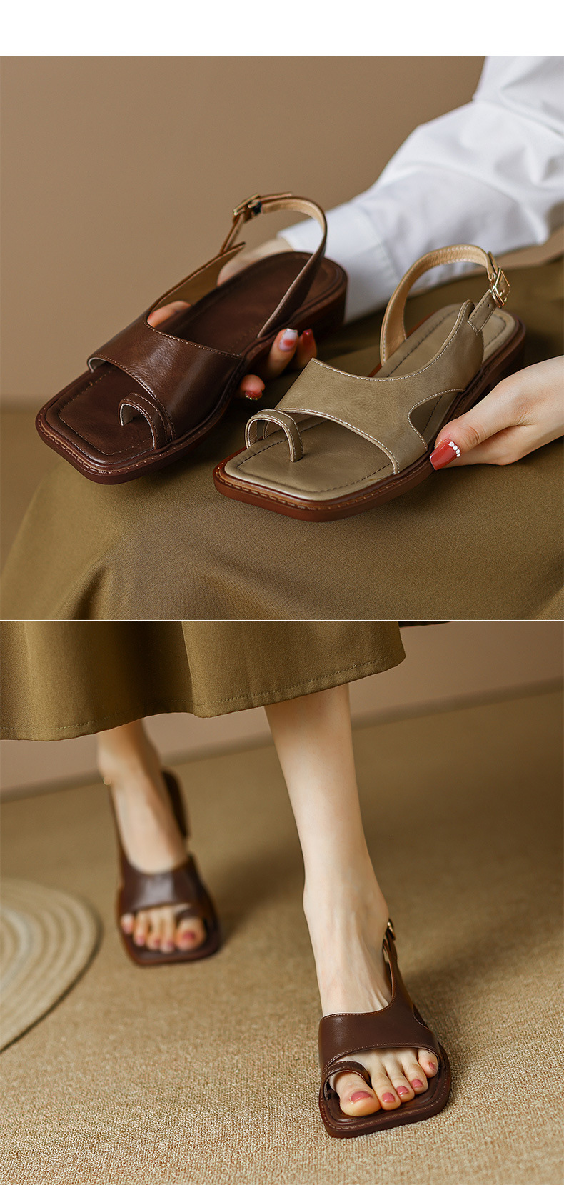 Sandal nữ xỏ ngón cổ điển đế bệt hở mũi — Màu nâu chi tiết 7