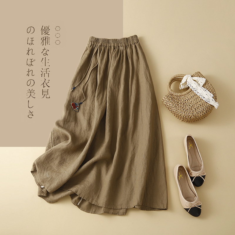 2023夏の新型文芸怠惰なデザイン感綿麻スカートa字中長スカート亜麻ロングスカート女