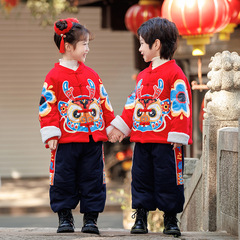 兒童拜年服冬男童中國風復古卡通衛衣加絨套裝女童加厚古裝兩件套