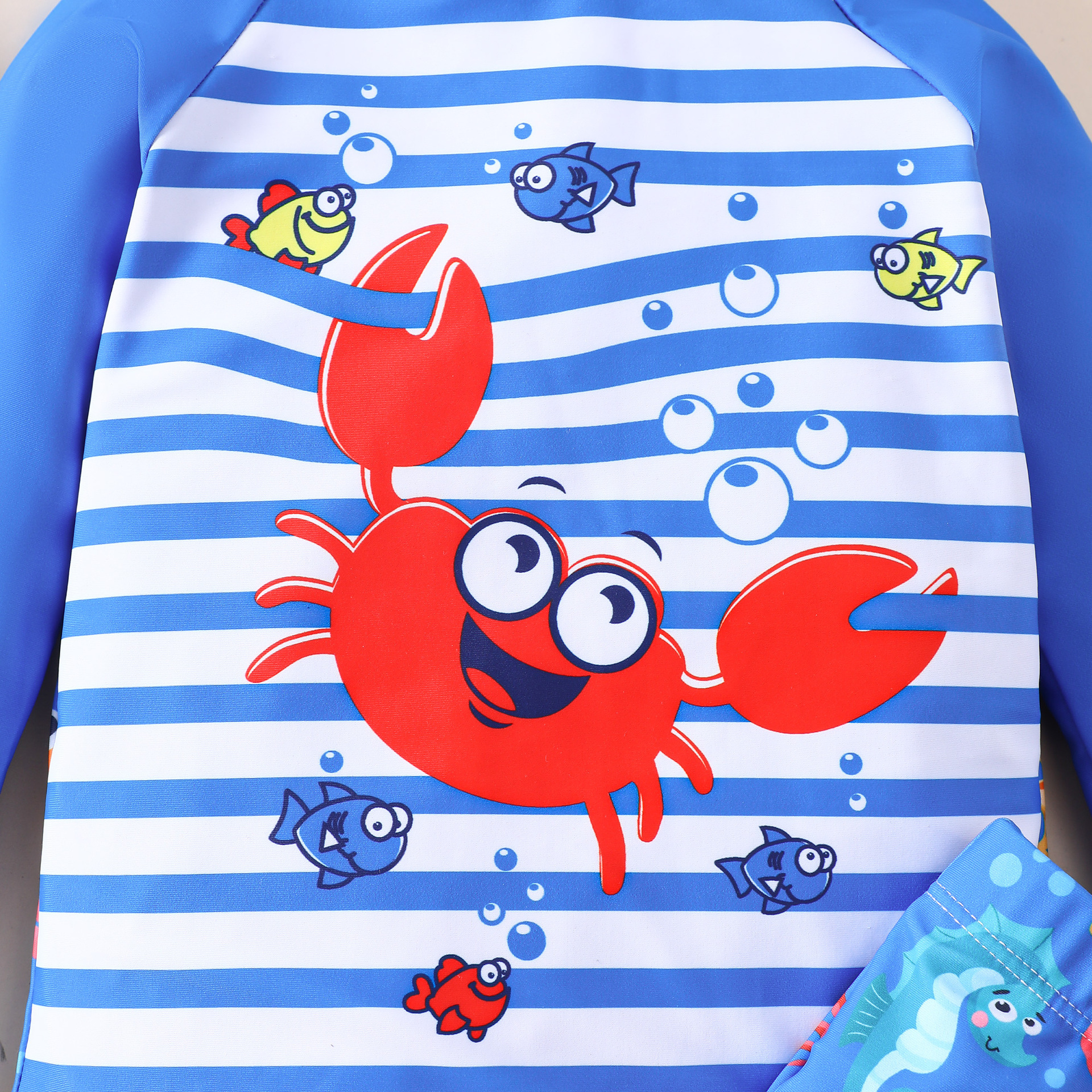 Niños trajes de baño a rayas mangas de hombro dibujos animados cangrejo manga larga impresión completa hipocaballo estrella de mar pantalones cortos trajes de baño