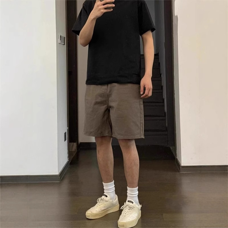 Retro Stretch Denim Shorts Men's Summer Loose Casual Straight Five-Point Pants Trendy Sports Brown Half Pants