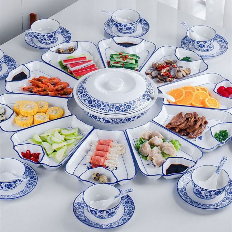 网红青花瓷拼盘组合扇形盘子团圆餐桌家用盘碗餐具套装全套家庭装