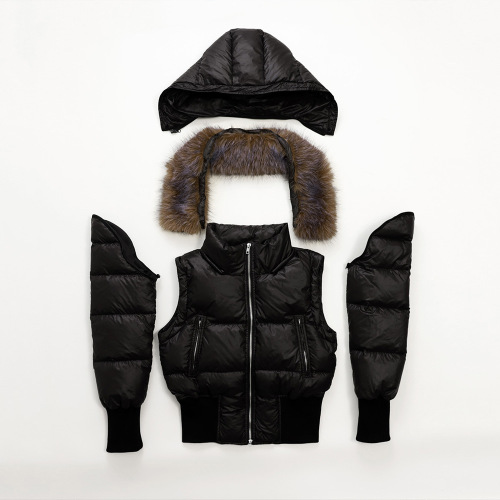[Black Hooded Sleeve Fox Fur Collar Separate Down Jacket Waist 90 Down White Duck Down Warm Women's Coat]