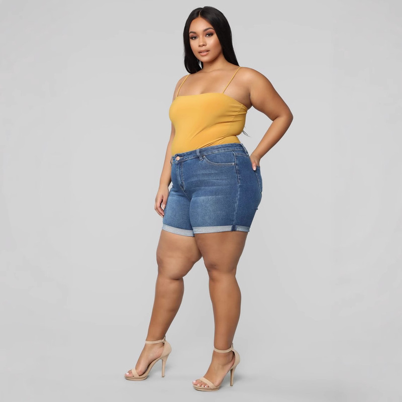 Cross-Border Supply European and American Aliexpress Wish Large Size Fashionable Stretch Denim Shorts for Women