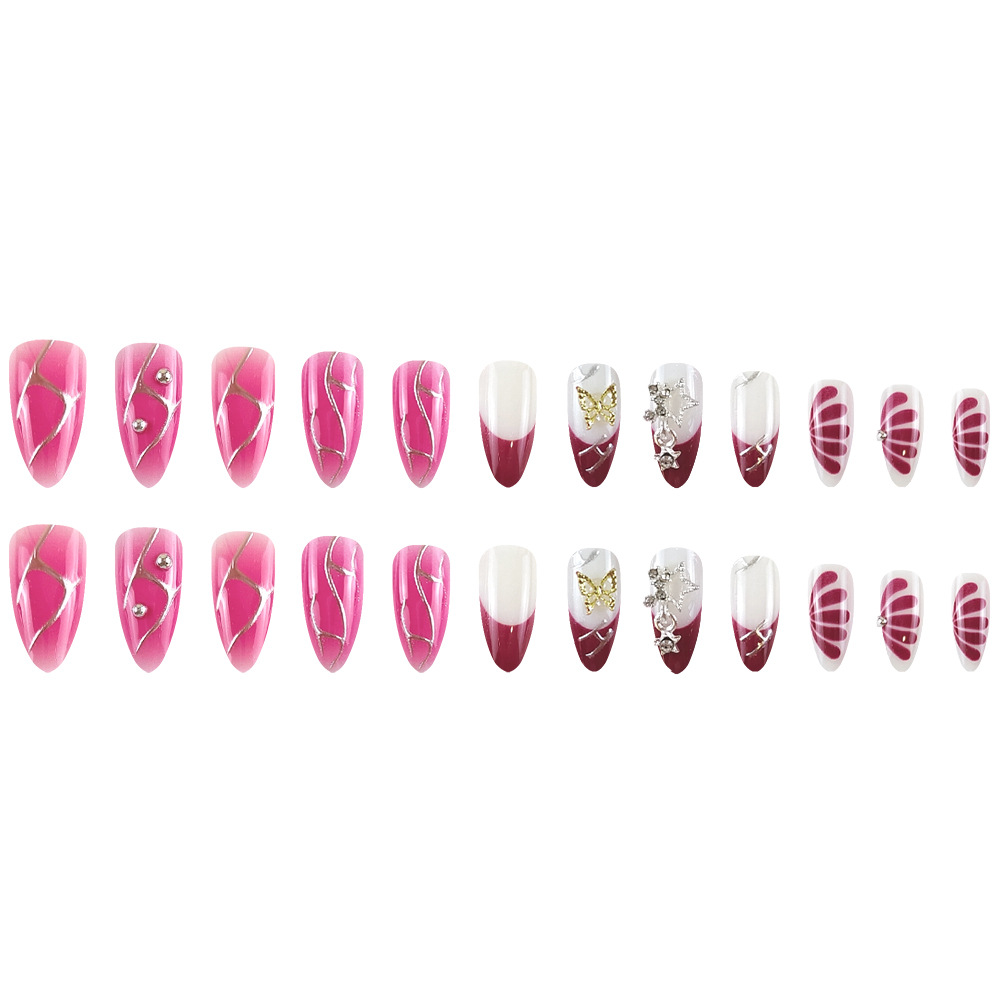 Transfronterizos más vendidos en relieve perforación de uñas plata estrellas doradas mariposa para usar uñas de almendras 24 piezas parches de uñas terminados