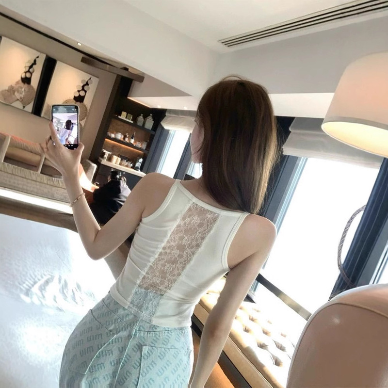 870# rayon Spice Girls Sexy Beautiful Back Lace Stitching Vest Women's Chest Pad Slim Fit Outer Wear Wick Empty Backless Top