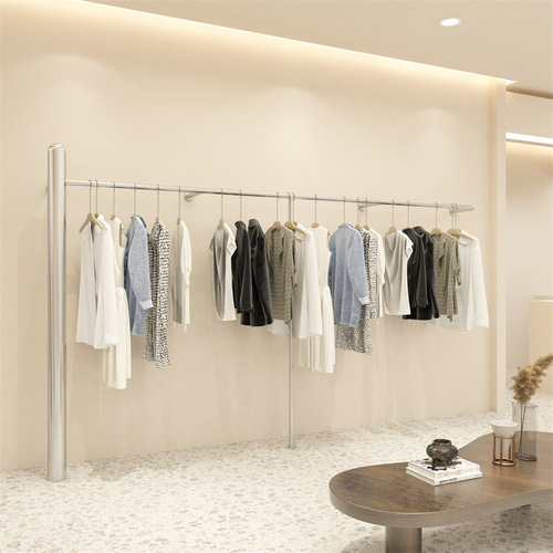 Clothing store display rack, floor-mounted stainless steel large tube wall hanger, women's clothing store shelf display props, rack
