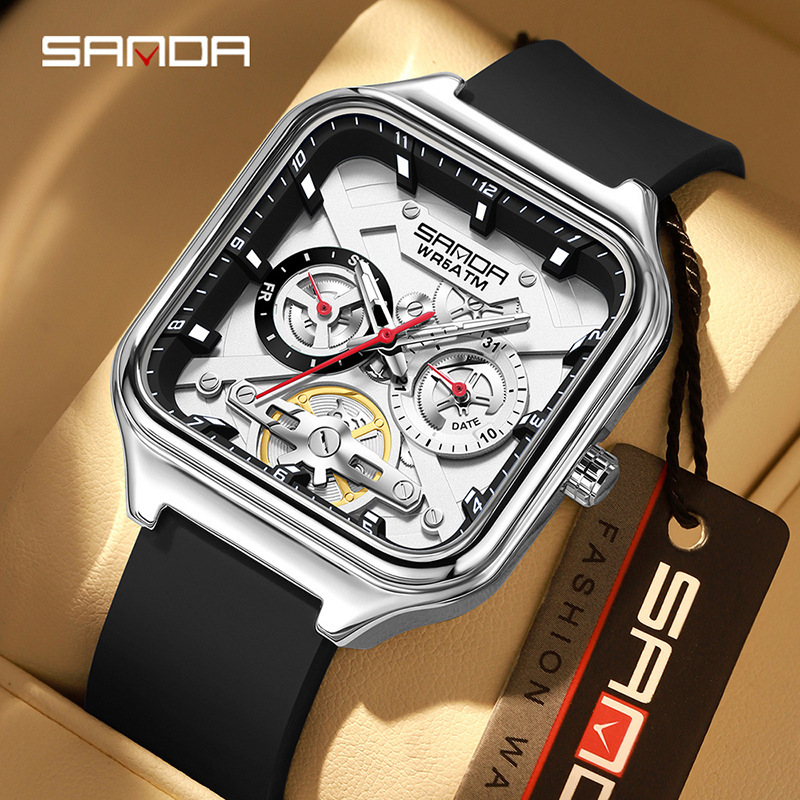 Sanda Watch Hollow Mechanical Style Waterproof Luminous Men's Watch Square Amazon Best-Selling Quartz Watch 9085
