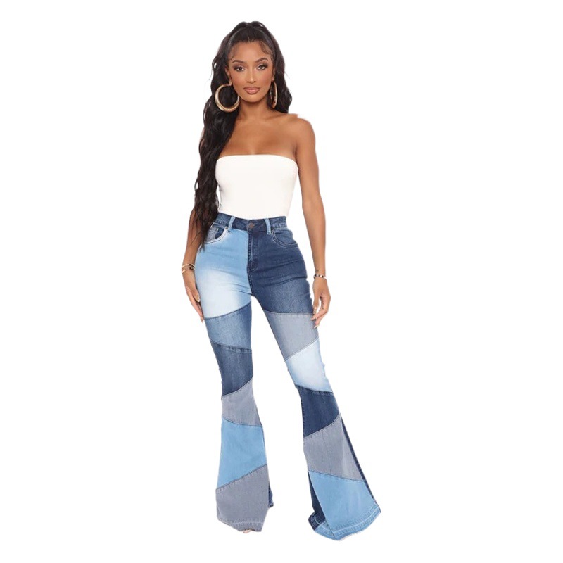 Nuevas llegadas de Otoño Yu Peng en existencia, ropa de mujer transfronteriza europea y americana, jeans de mezclilla elásticos de talla grande con parches de moda y pierna ancha para mujer