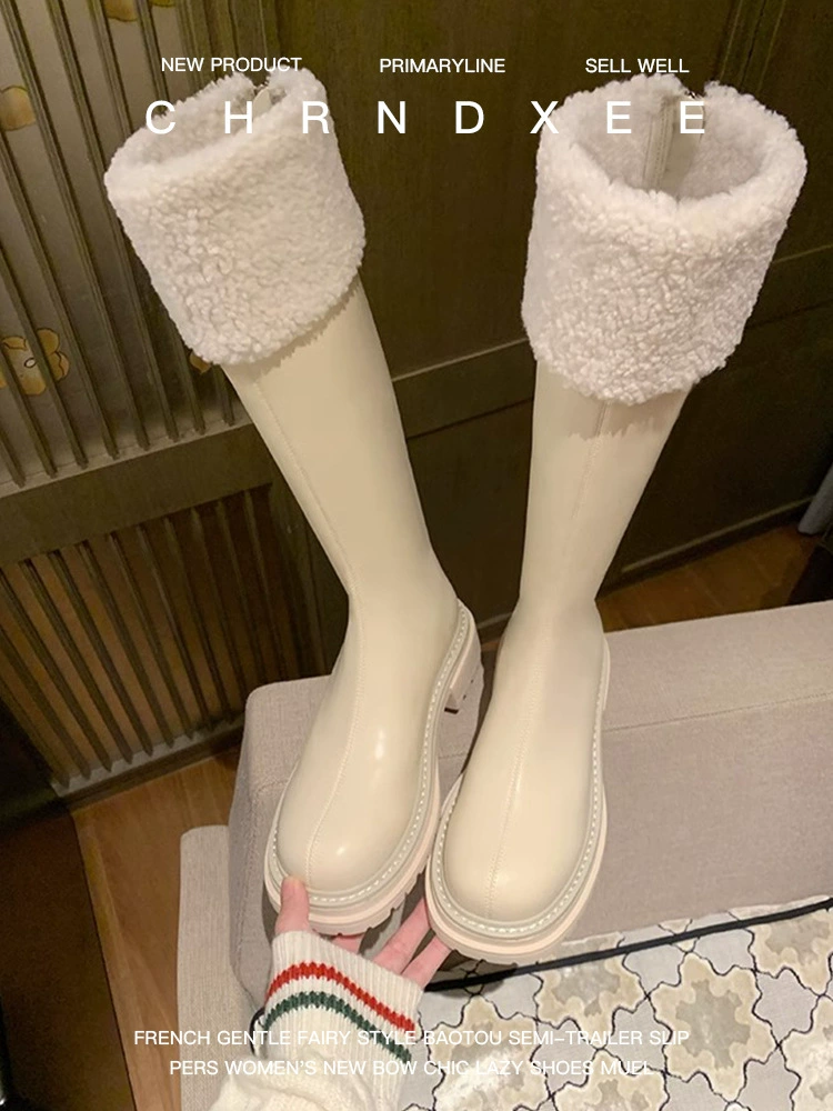 Winter leather warm non-slip ski high boots platform