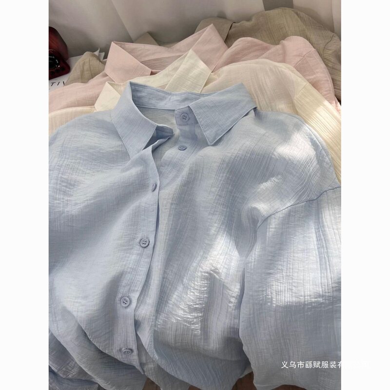 Cooling Ice Silk Texture Blue Sun Protection Shirt, Lightweight and Flowy for Summer, Casual Versatile Loose Long-Sleeve Shirt Jacket