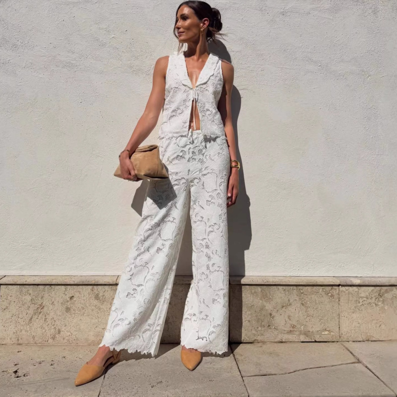 Cross-Border Women's Fashion New Lace Hollow-Out Tie-Up Cardigan Top and Wide-Leg Pants Two-Piece Set, Waist-Cinching Slim-Fit Sexy Outfit