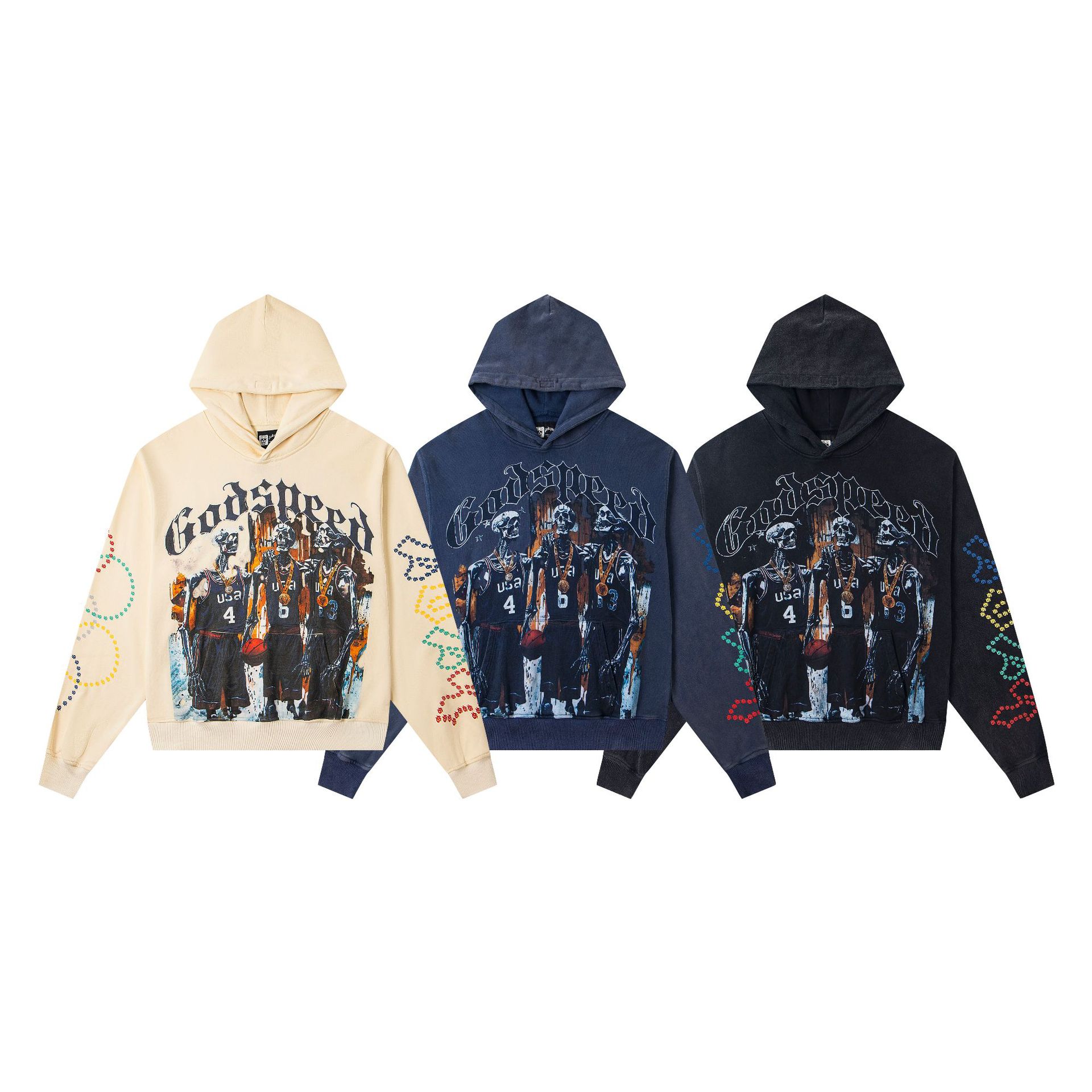 Sudadera con Capucha God, de Algodón Lavado con Efecto Desgastado y Estampado de Calavera, para Hombres y Mujeres