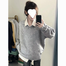 套装/单件冬季慵懒灰色感polo领针织长袖毛衣女学生+条纹衬衫