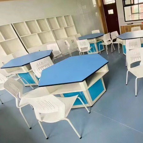 Hexagonal Experimental Table and Chair Student Science Maker Classroom Hexagonal Desk Experimental Exploration All Steel Aluminum Plastic Six E18