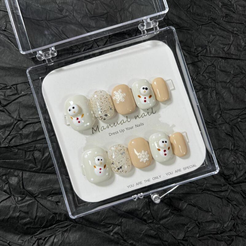 Handmade Cute Cartoon Girl Winter Snowman Short Round Wear Nail Art Patch Removable A150