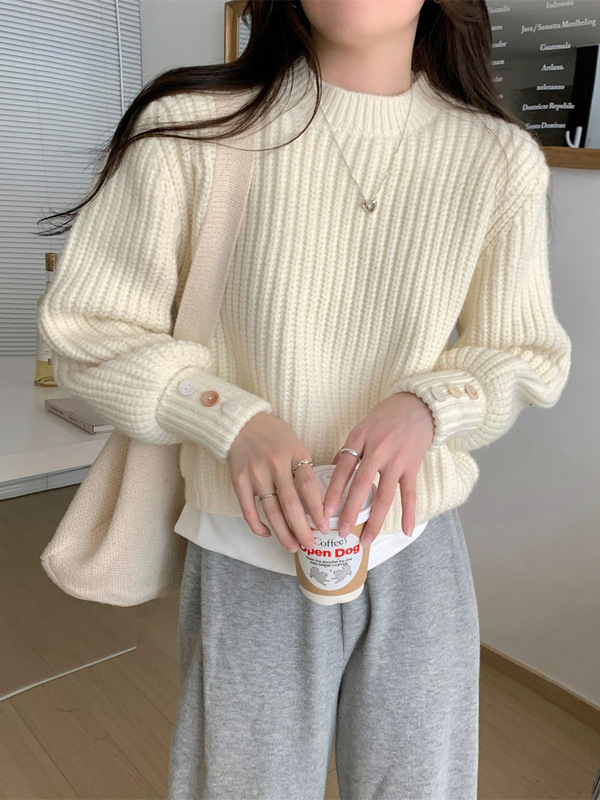 宽松软糯针织衫女秋冬季袖口纽扣内搭打底短款加厚毛衣温柔风上衣|undefined