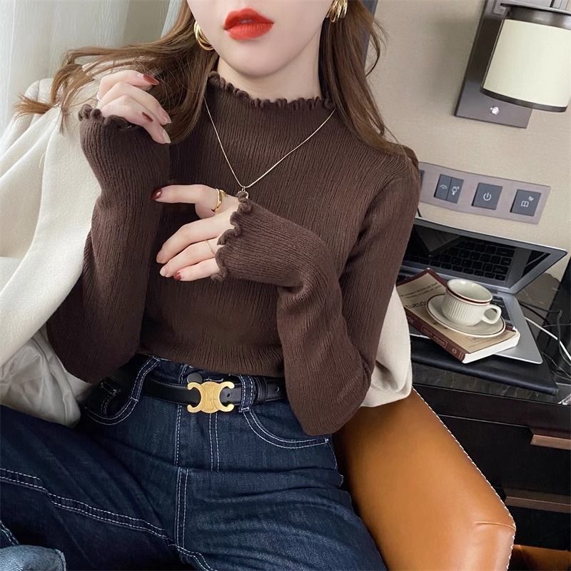 (2개) 가을과 겨울 반 높이 칼라 따뜻한 기모 두꺼운 원피스 벨벳 니트 베이스 셔츠 여자 올 매치 서양식 풀오버 스웨터