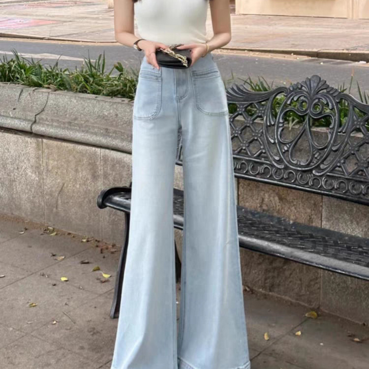 宽松浅色显瘦超小个子阔腿牛仔裤女2025直筒复古垂感拖地长裤港味|undefined